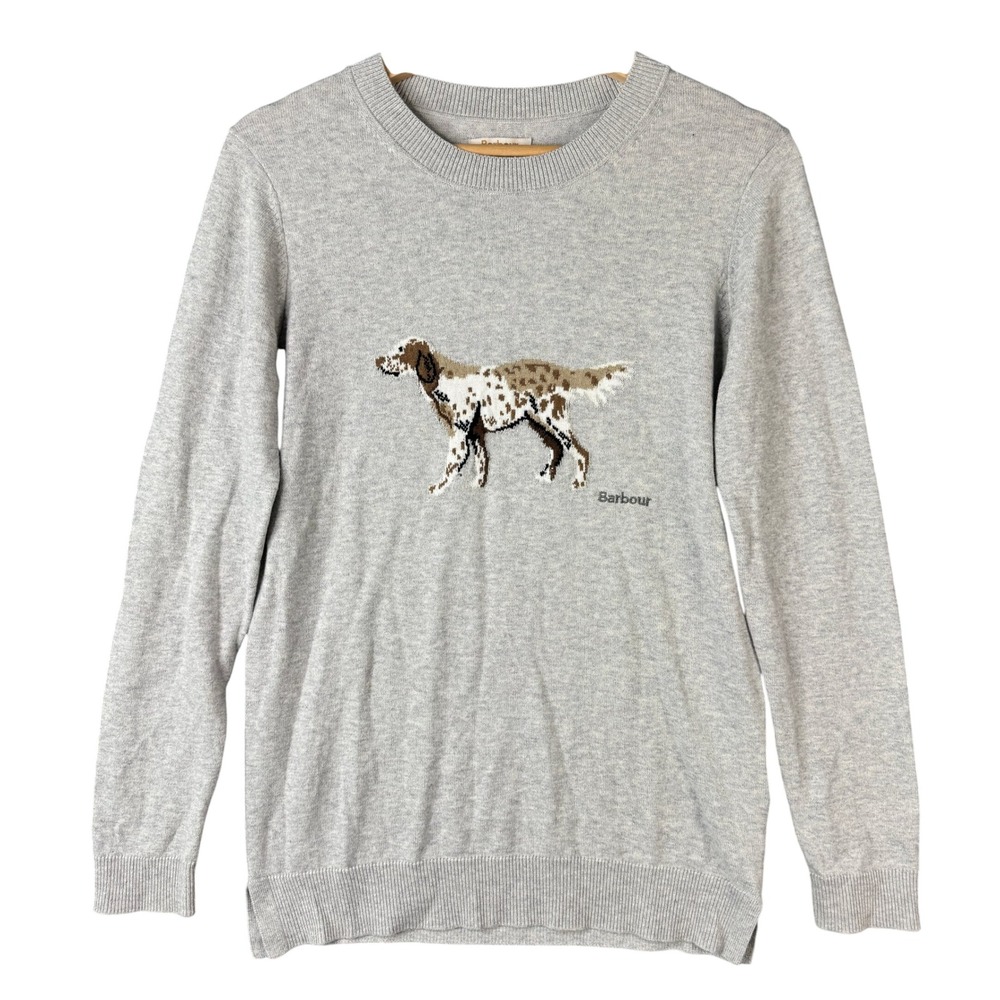 Barbour Saddle Knit Cotton Cashmere Dog Graphic Sweater Gray LKN1086GY13 Size 6